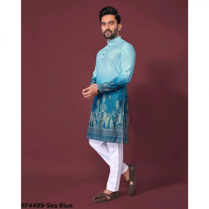 Ethnic Fashion India - スタンドカラーイスラム教徒シャツ男性服フォークカフタン Musulman Kurta インドイスラム服国家プリント長袖シャツ