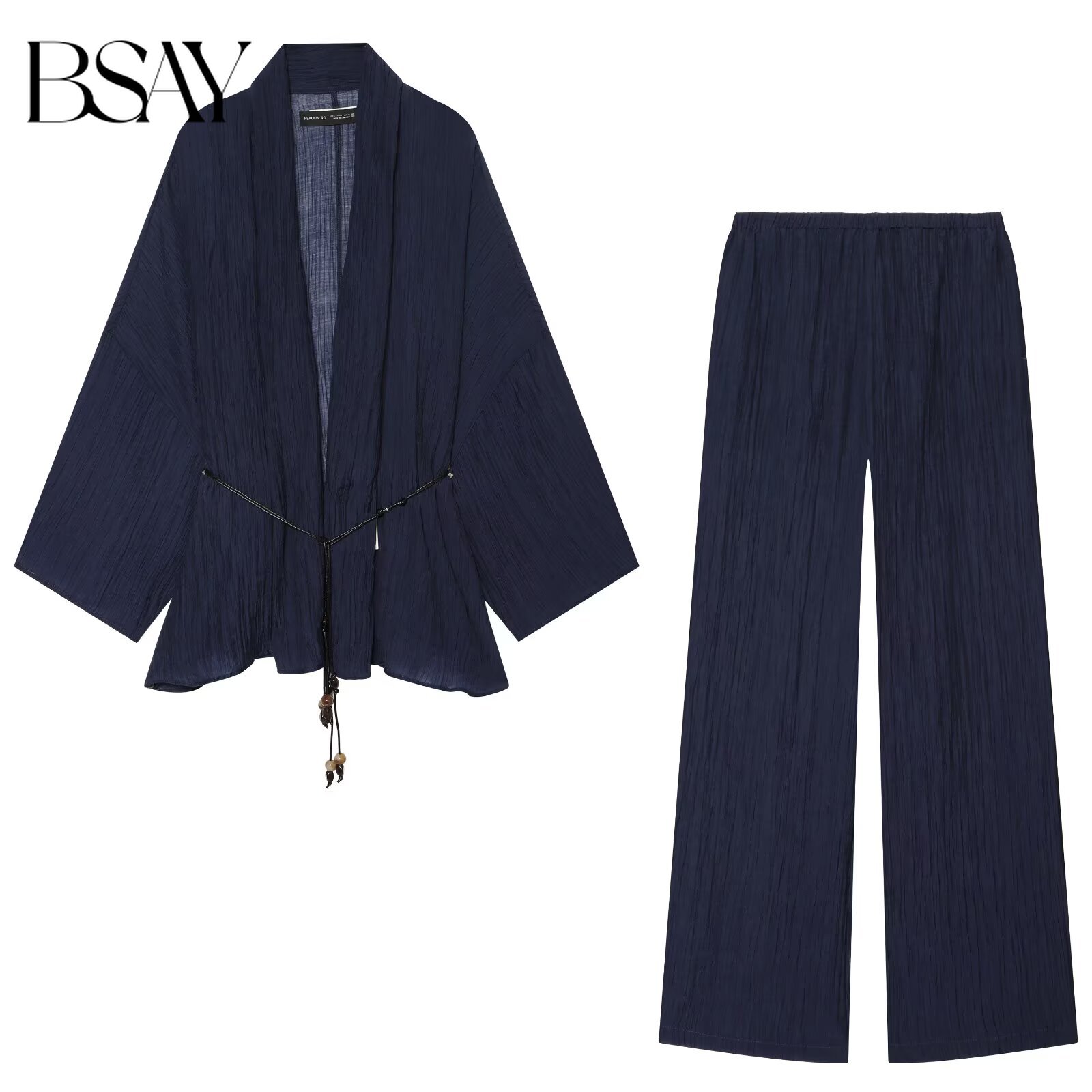 Ethnic Fashion Design - BSAY 2026新作夏物 中国風ネイビーブルー クリンクル加工 オープンフロントトップ ワイドレッグパンツセット