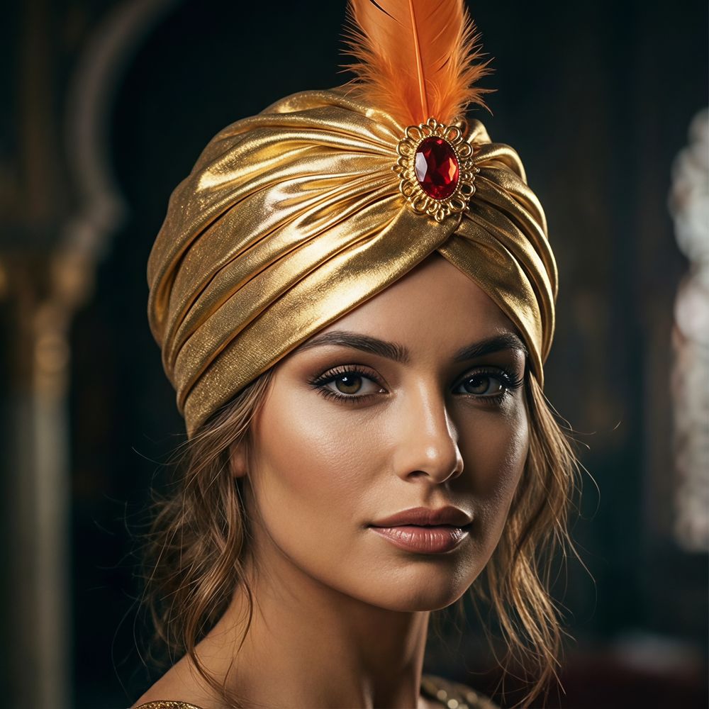 Ethnic Fashion India - ドレスアップ用フェザーターバンハット、アラビアンハット、ラインストーン付きアラブプリーツターバン、コスプレ用シルバーインディアンプリーツキャップ、コスチュームアクセサリー