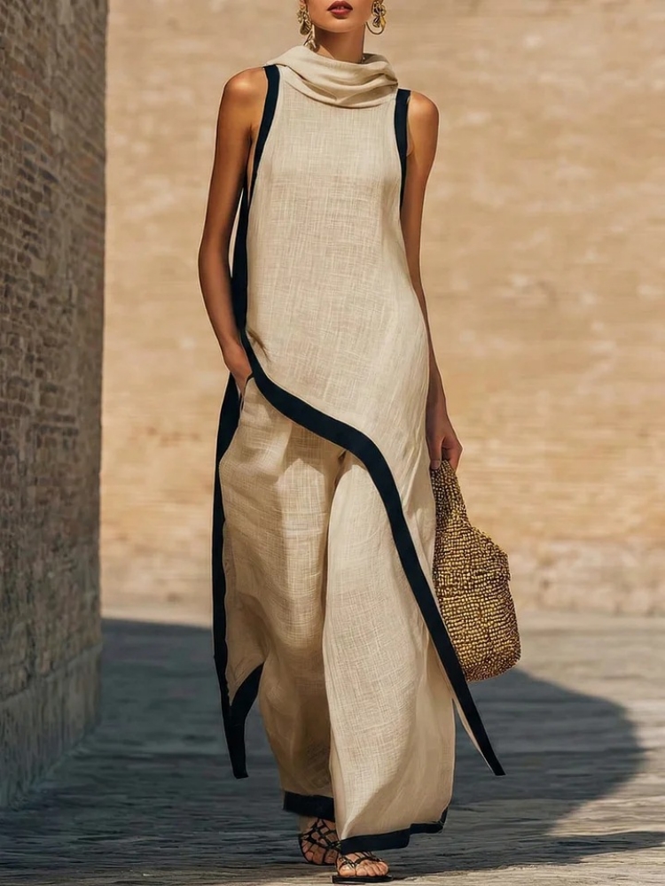 Ethnic Fashion Design - 女性のリネンコントラストカラーノースリーブ非対称トップ＆ルーズワイドレッグパンツセット Vestidos カジュアルファッションツーピース衣装