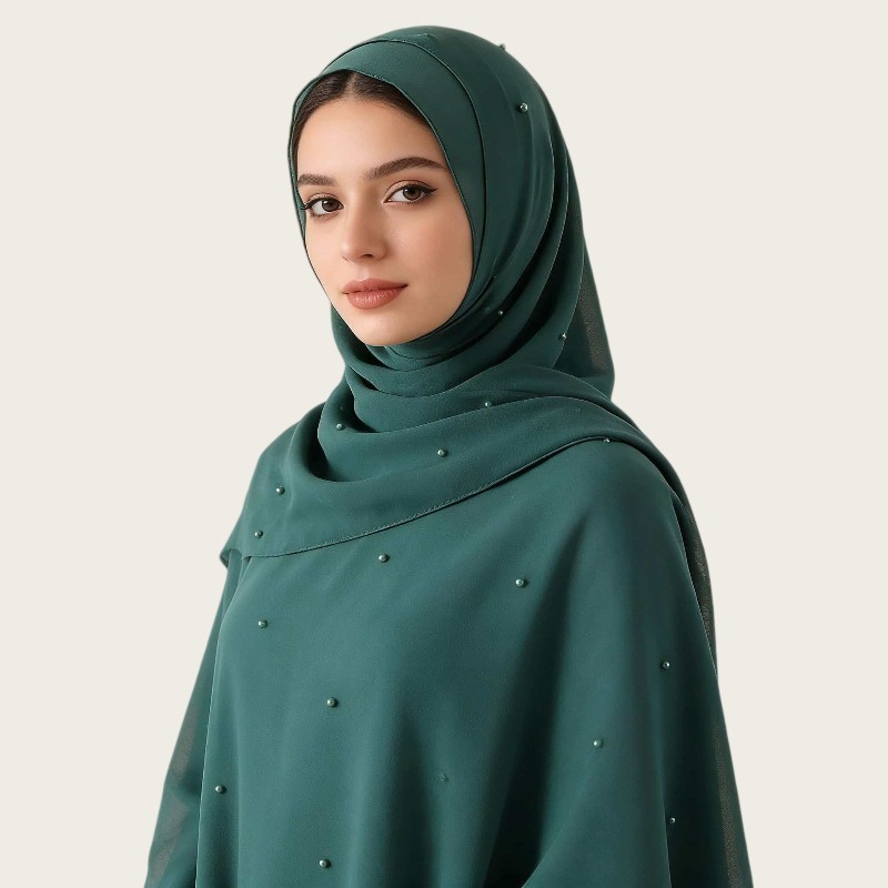 New Ethnic Fashion - 新作エスニック調の無地パールシフォンロングスカーフ。パール装飾が施されたおしゃれなヘッドスカーフ。女性用、シンプルな無地ヘッドスカーフ。