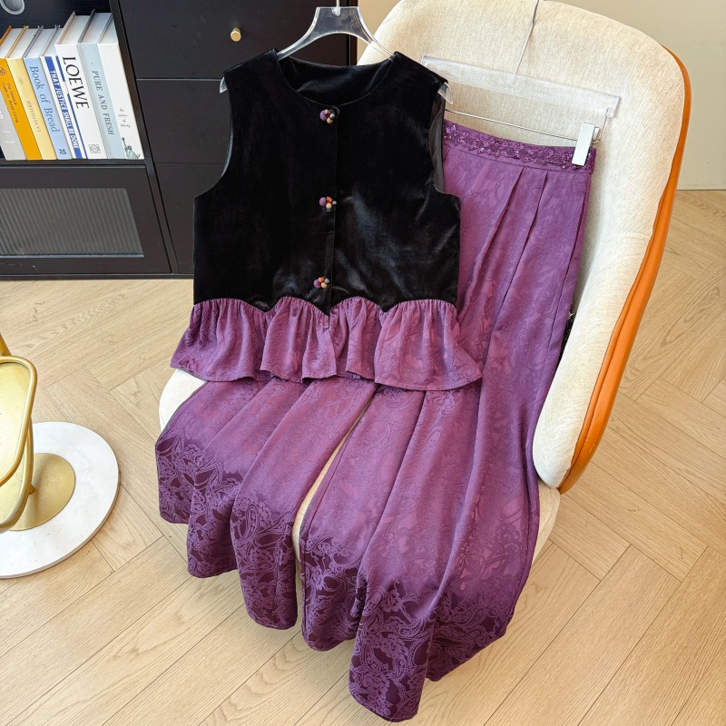 New Ethnic Fashion - 新しい中国風の秋の新ゴールドベルベットパッチワーク刺繍ワイドレッグパンツツーピースセットレディースファッションエスニック服