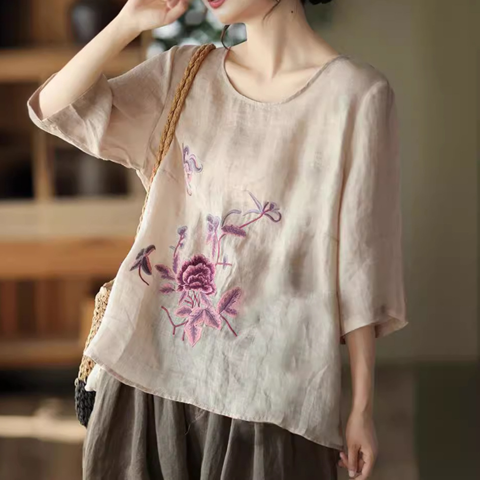 プラスサイズの女性の夏のレトロなブラウス綿麻薄手のオフィスレ - New Ethnic Fashion のレビューと価格