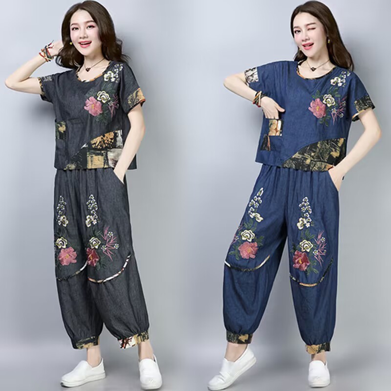 エスニックスタイルプラスサイズレディーススーツ夏新作刺繍花柄 - New Ethnic Fashion のレビューと価格