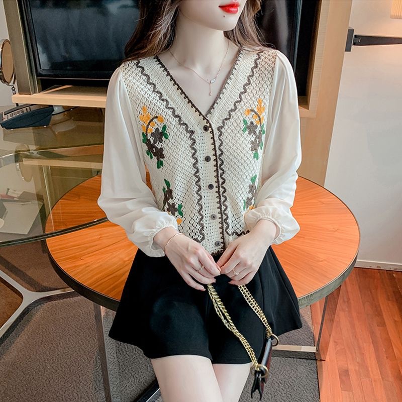 春夏の新スタイルエスニックニット中空長袖シフォントップスフレ - New Ethnic Fashion のレビューと価格