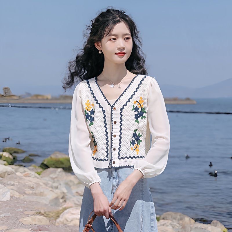 春夏の新スタイルエスニックニット中空長袖シフォントップスフレ - New Ethnic Fashion のレビューと価格
