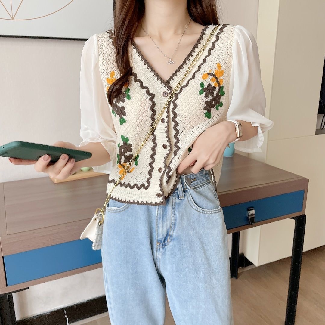 春夏の新スタイルエスニックニット中空長袖シフォントップスフレ - New Ethnic Fashion のレビューと価格