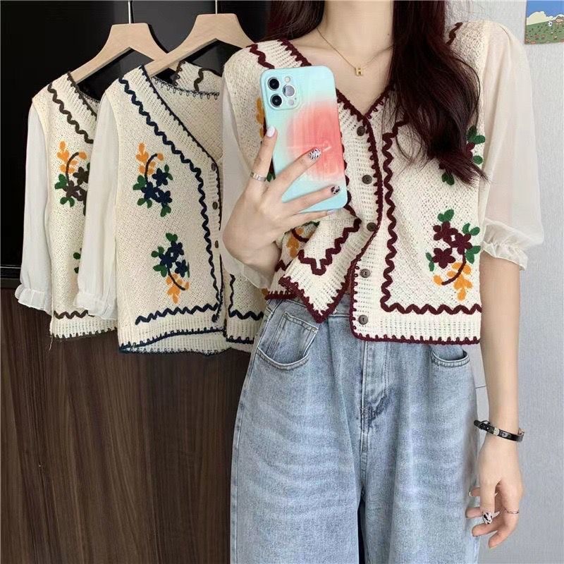 春夏の新スタイルエスニックニット中空長袖シフォントップスフレ - New Ethnic Fashion のレビューと価格
