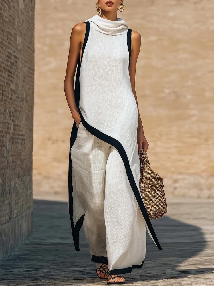 女性のリネンコントラストカラーノースリーブ非対称トップ＆ルー - Ethnic Fashion Design のレビューと価格