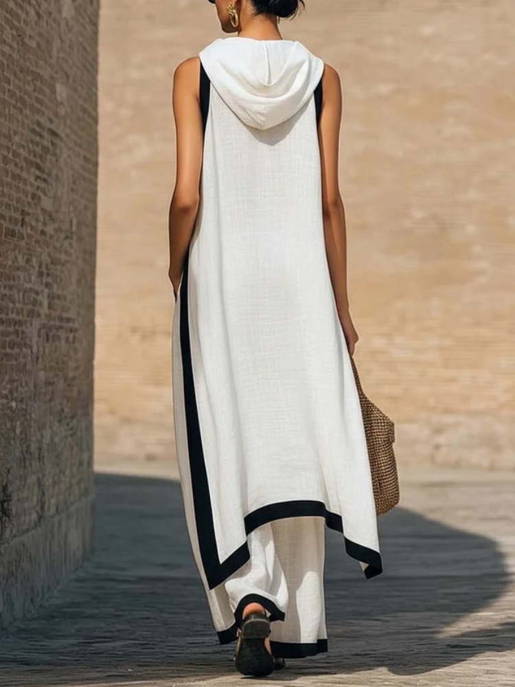 女性のリネンコントラストカラーノースリーブ非対称トップ＆ルー - Ethnic Fashion Design のレビューと価格