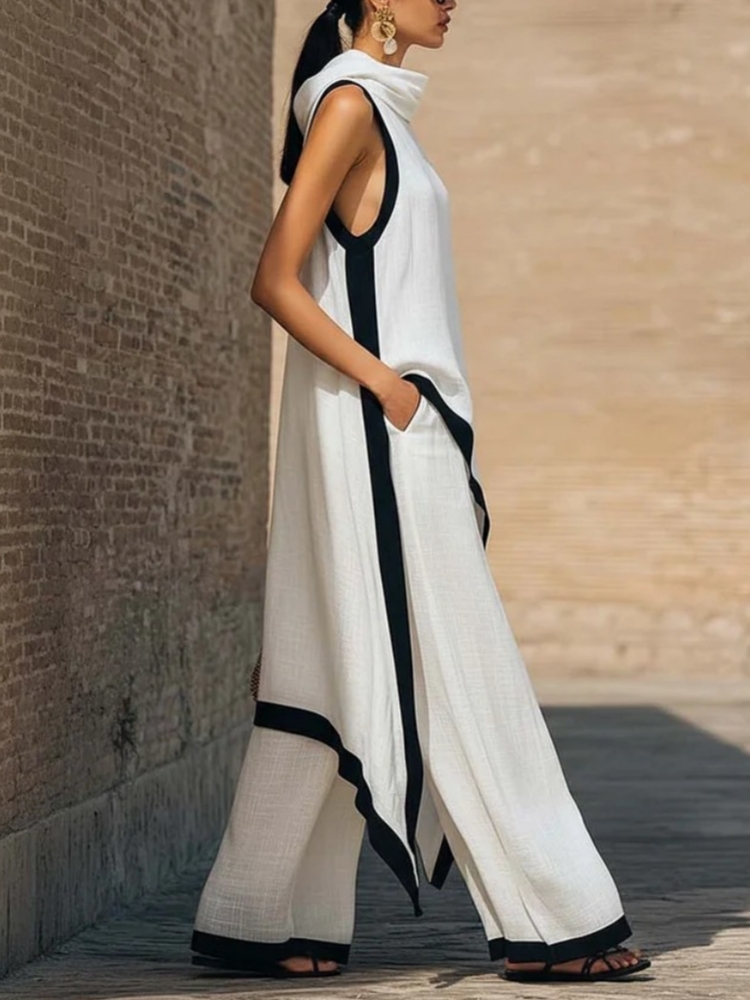 女性のリネンコントラストカラーノースリーブ非対称トップ＆ルー - Ethnic Fashion Design のレビューと価格